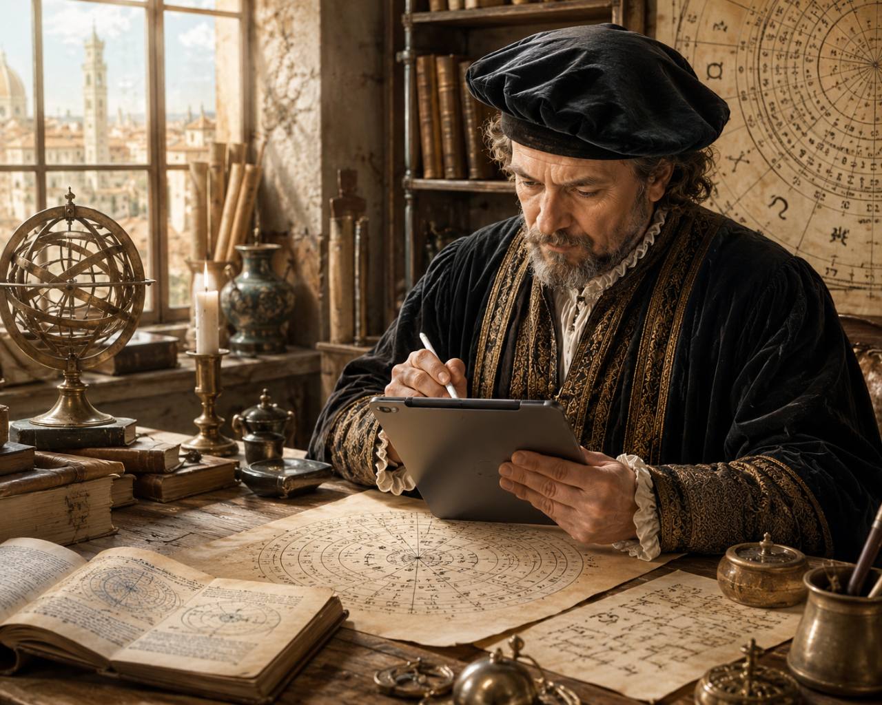 Classical astrologer working with a tablet beside traditional chart tools